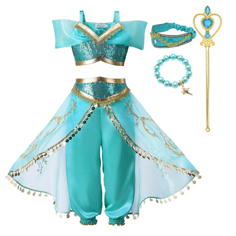 Girls Jasmine Dress Aladdin Princess Magic Lamp Carnival Clothing Vestidos Halloween Party Cosplay Costume