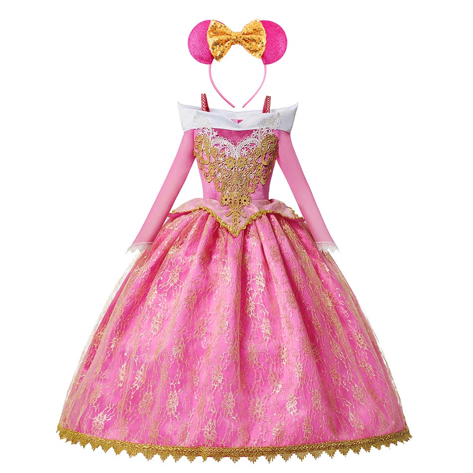 Girls Sleeping Beauty Aurora Cosplay Princess Dress Kids Christmas Gift Long Sleeves Off Shoulder Party Clothing 3-12Y