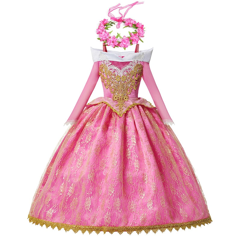 Girls Sleeping Beauty Aurora Cosplay Princess Dress Kids Christmas Gift Long Sleeves Off Shoulder Party Clothing 3-12Y