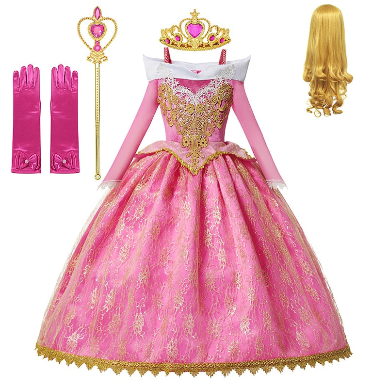 Girls Sleeping Beauty Aurora Cosplay Princess Dress Kids Christmas Gift Long Sleeves Off Shoulder Party Clothing 3-12Y