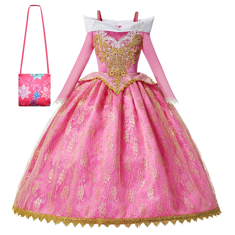 Girls Sleeping Beauty Aurora Cosplay Princess Dress Kids Christmas Gift Long Sleeves Off Shoulder Party Clothing