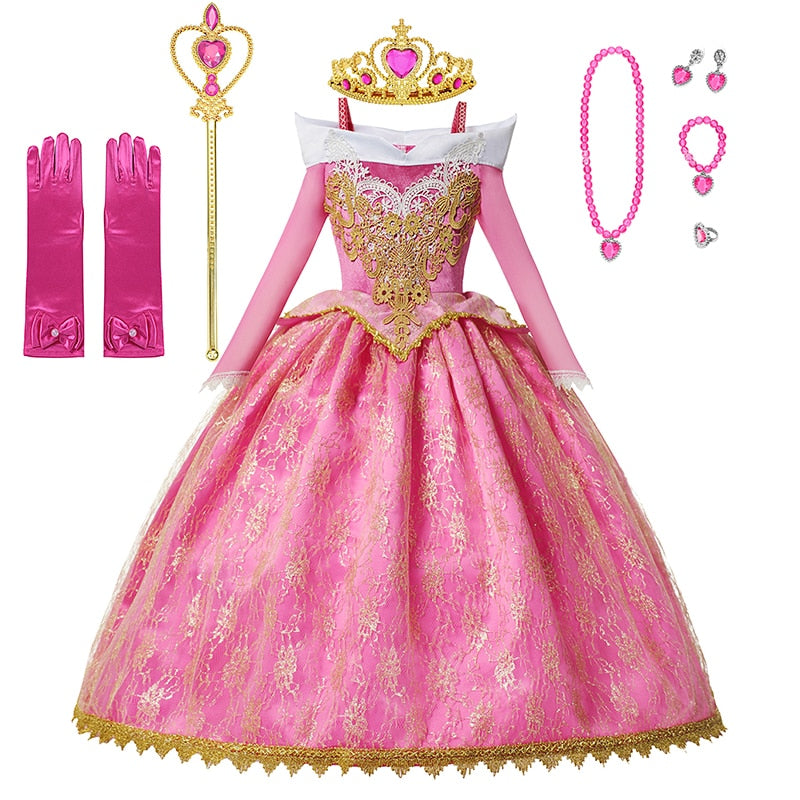 Girls Sleeping Beauty Aurora Cosplay Princess Dress Kids Christmas Gift Long Sleeves Off Shoulder Party Clothing 3-12Y