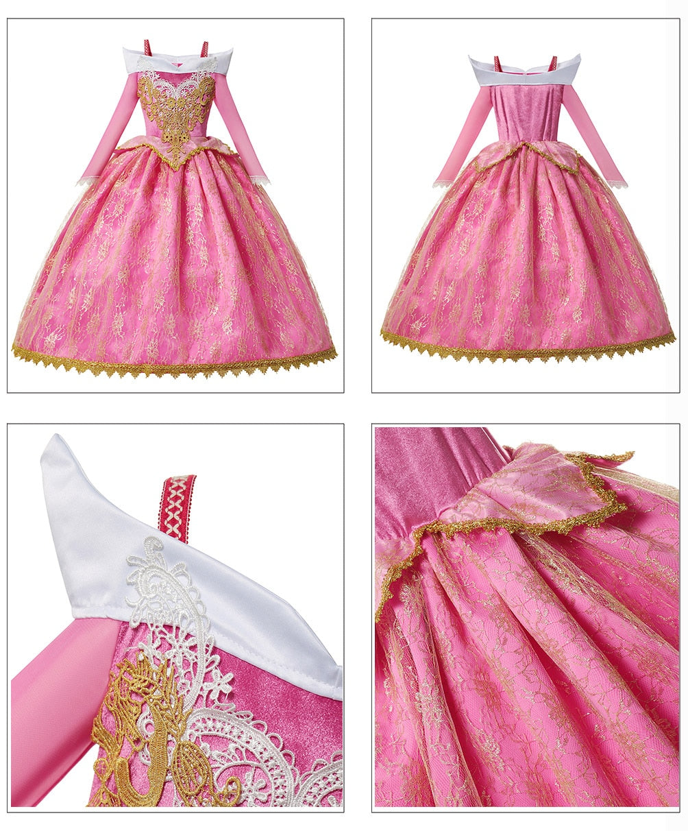 Girls Sleeping Beauty Aurora Cosplay Princess Dress Kids Christmas Gift Long Sleeves Off Shoulder Party Clothing 3-12Y