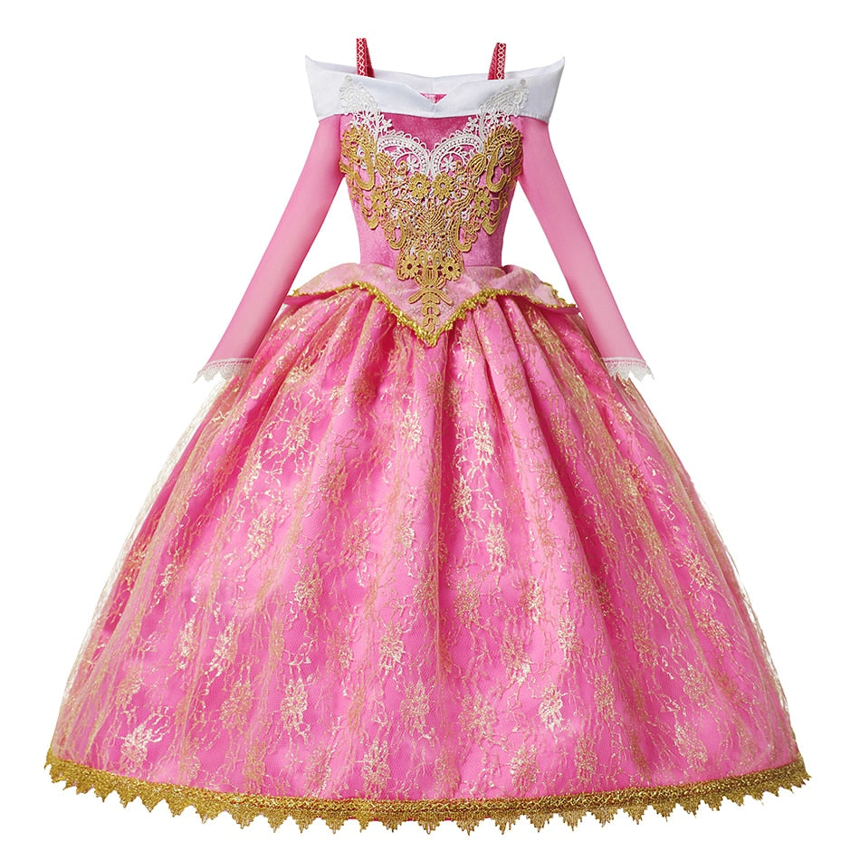 Girls Sleeping Beauty Aurora Cosplay Princess Dress Kids Christmas Gift Long Sleeves Off Shoulder Party Clothing 3-12Y