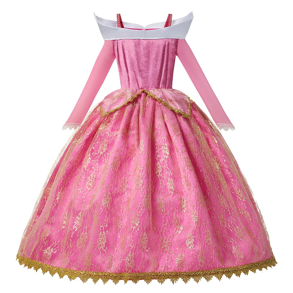 Girls Sleeping Beauty Aurora Cosplay Princess Dress Kids Christmas Gift Long Sleeves Off Shoulder Party Clothing 3-12Y