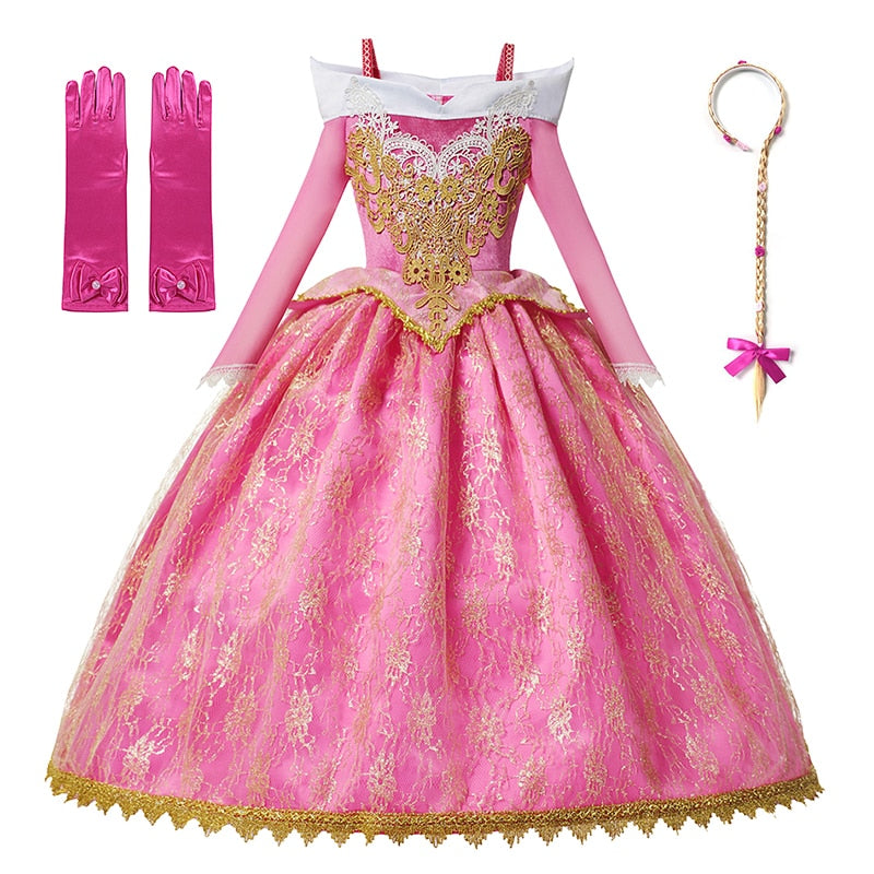 Girls Sleeping Beauty Aurora Cosplay Princess Dress Kids Christmas Gift Long Sleeves Off Shoulder Party Clothing 3-12Y