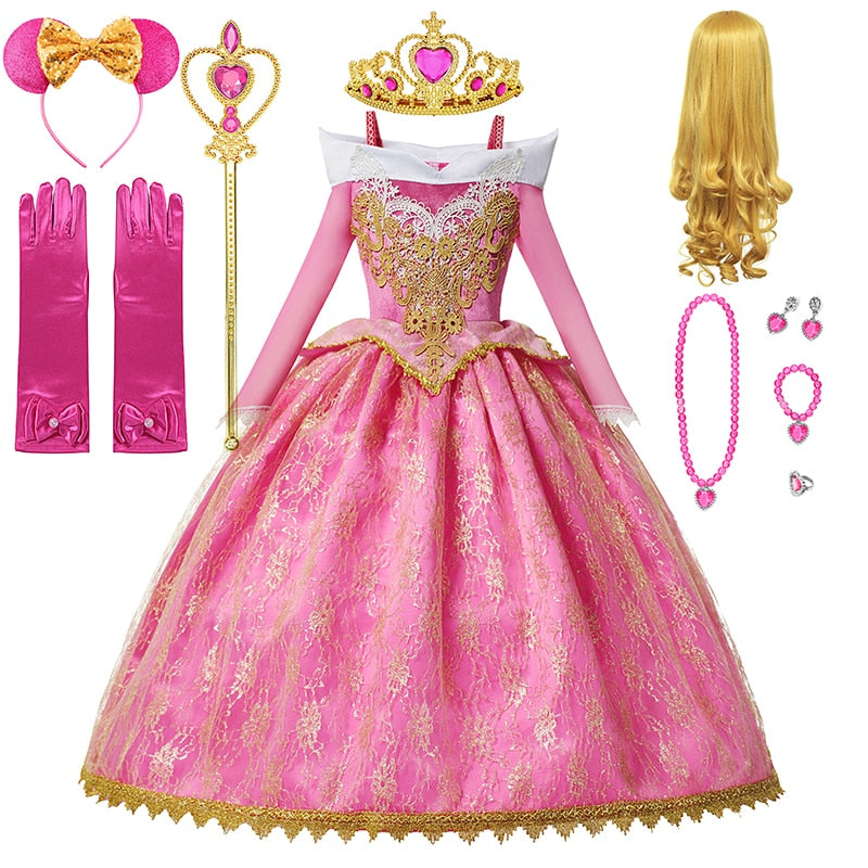 Girls Sleeping Beauty Aurora Cosplay Princess Dress Kids Christmas Gift Long Sleeves Off Shoulder Party Clothing 3-12Y