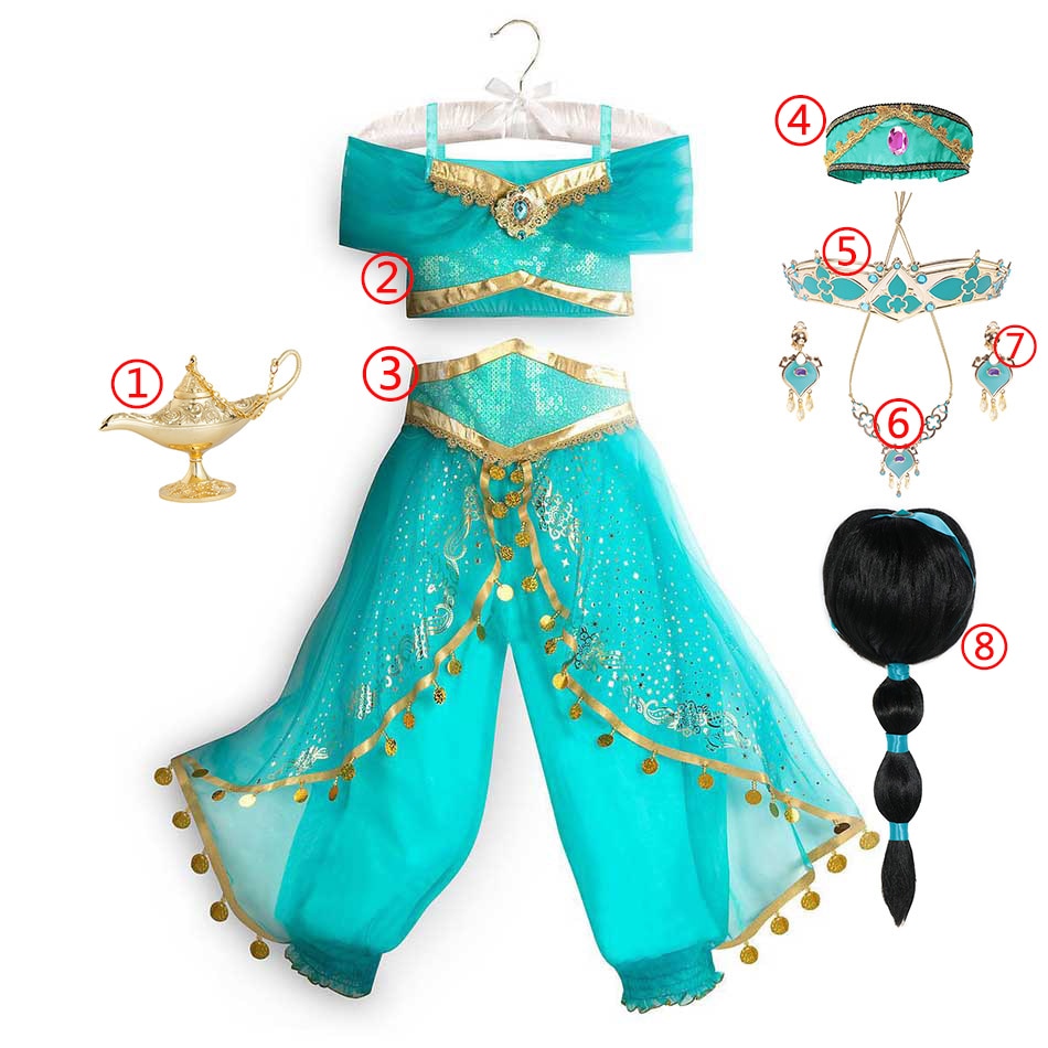 Jasmine Dress Aladdin Princess Magic Lamp Girls Birthday Party Cosplay Costume Top+Pant+Headband Carnival Clothes Vestido