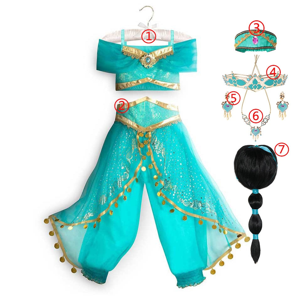 Jasmine Dress Aladdin Princess Magic Lamp Girls Birthday Party Cosplay Costume Top+Pant+Headband Carnival Clothes Vestido