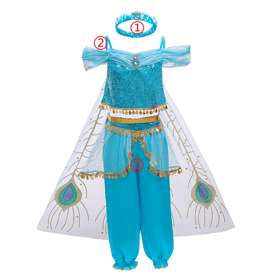 Jasmine Dress Aladdin Princess Magic Lamp Girls Birthday Party Cosplay Costume Top+Pant+Headband Carnival Clothes Vestido