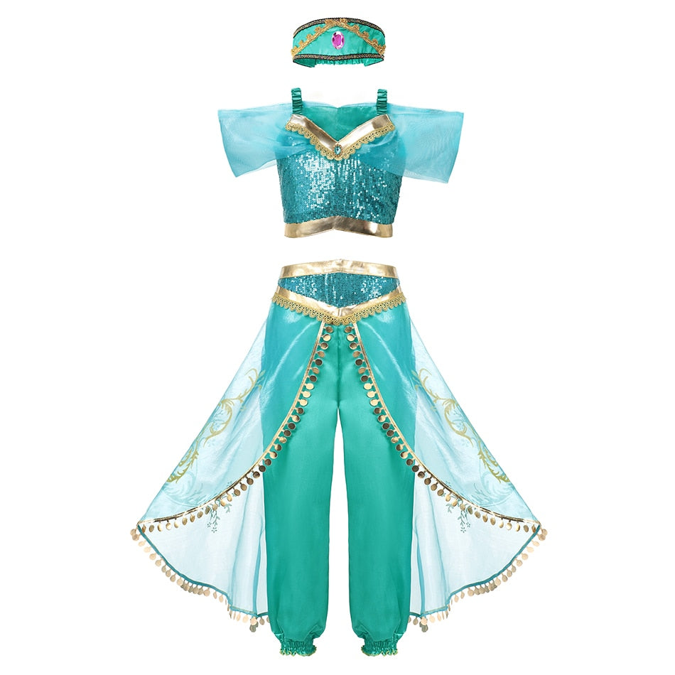 Jasmine Dress Aladdin Princess Magic Lamp Girls Birthday Party Cosplay Costume Top+Pant+Headband Carnival Clothes Vestido