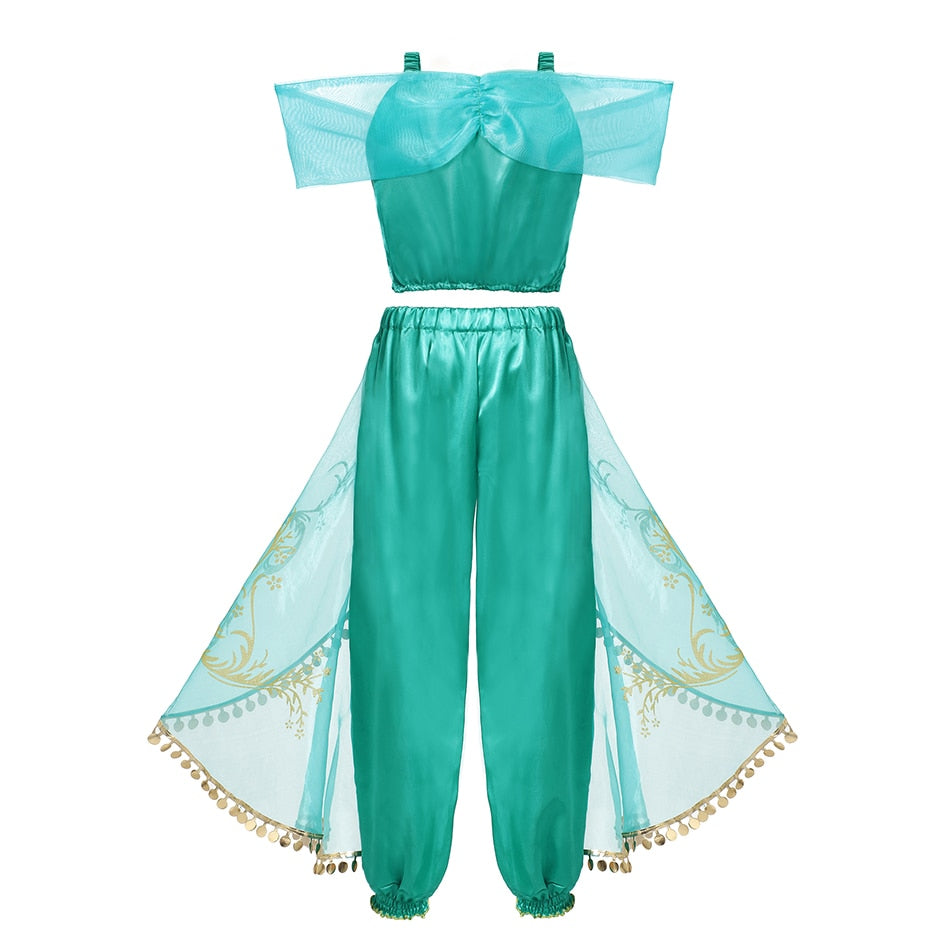 Jasmine Dress Aladdin Princess Magic Lamp Girls Birthday Party Cosplay Costume Top+Pant+Headband Carnival Clothes Vestido