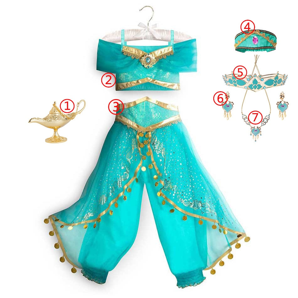Jasmine Dress Aladdin Princess Magic Lamp Girls Birthday Party Cosplay Costume Top+Pant+Headband Carnival Clothes Vestido