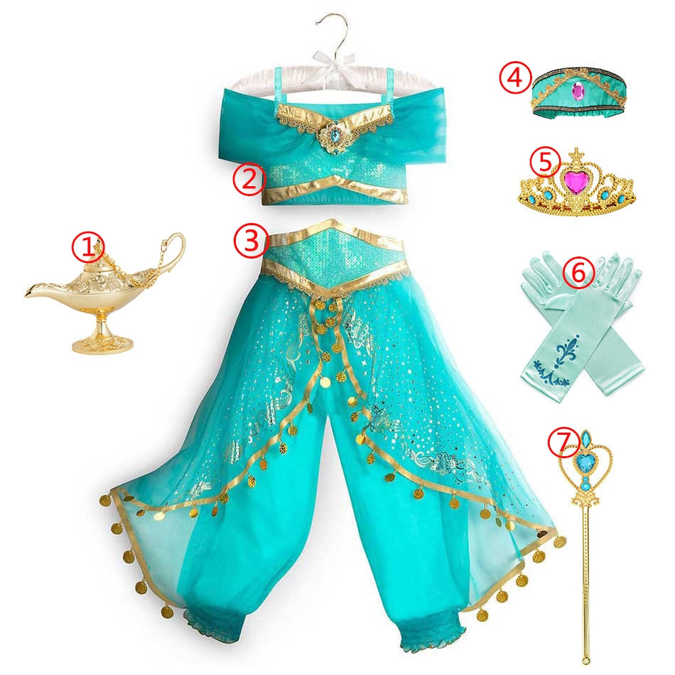 Jasmine Dress Aladdin Princess Magic Lamp Girls Birthday Party Cosplay Costume Top+Pant+Headband Carnival Clothes Vestido