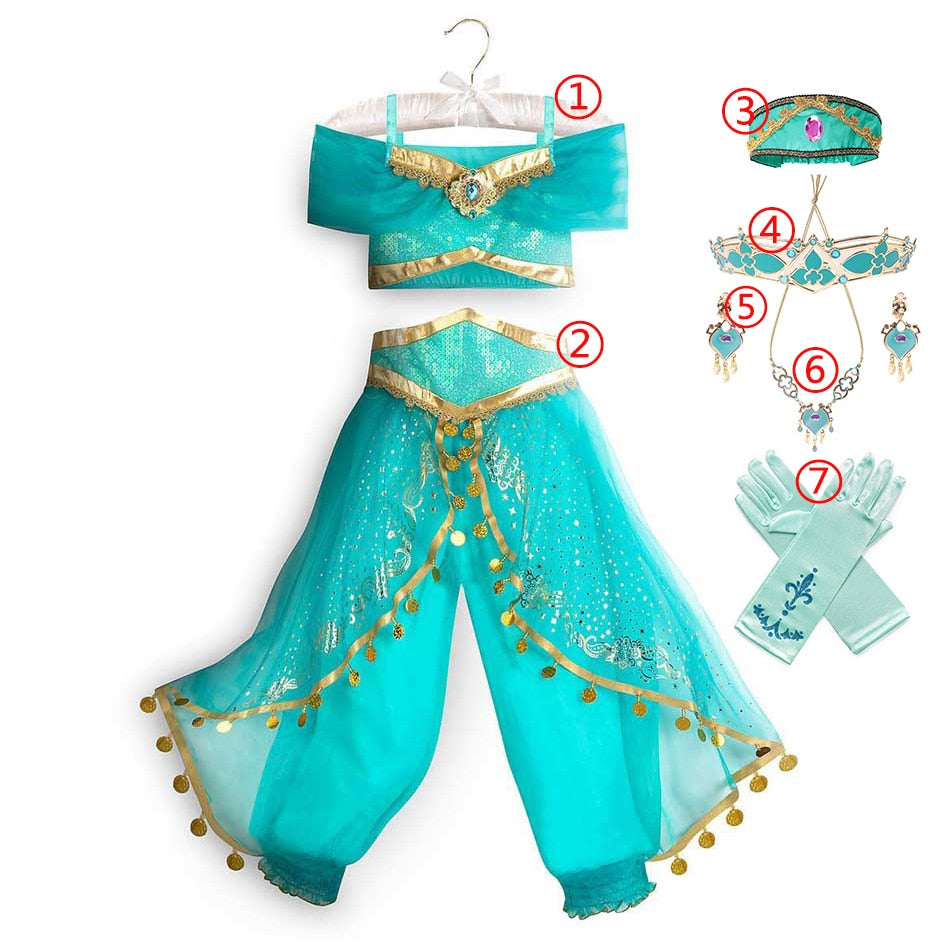 Jasmine Dress Aladdin Princess Magic Lamp Girls Birthday Party Cosplay Costume Top+Pant+Headband Carnival Clothes Vestido