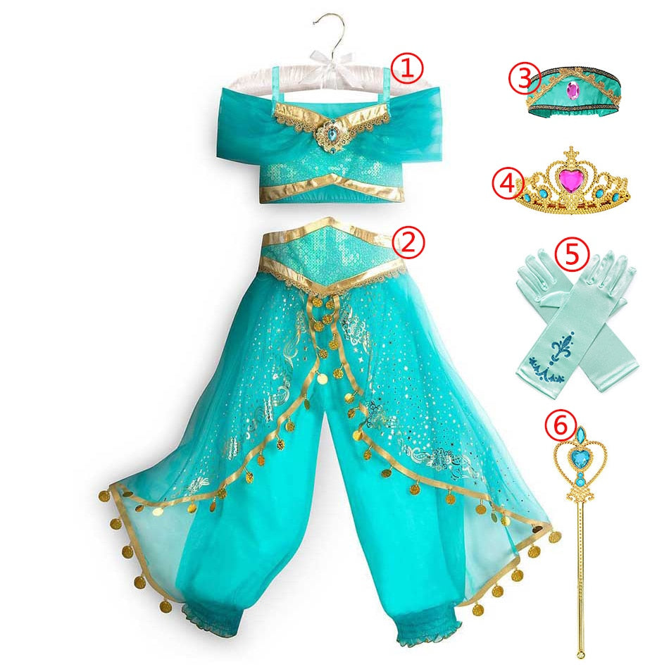 Jasmine Dress Aladdin Princess Magic Lamp Girls Birthday Party Cosplay Costume Top+Pant+Headband Carnival Clothes Vestido