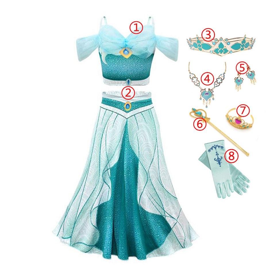 Jasmine Dress Aladdin Princess Magic Lamp Girls Birthday Party Cosplay Costume Top+Pant+Headband Carnival Clothes Vestido