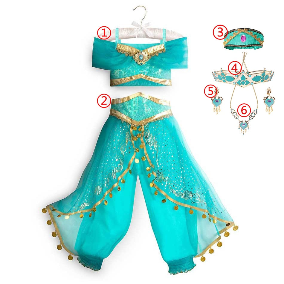 Jasmine Dress Aladdin Princess Magic Lamp Girls Birthday Party Cosplay Costume Top+Pant+Headband Carnival Clothes Vestido