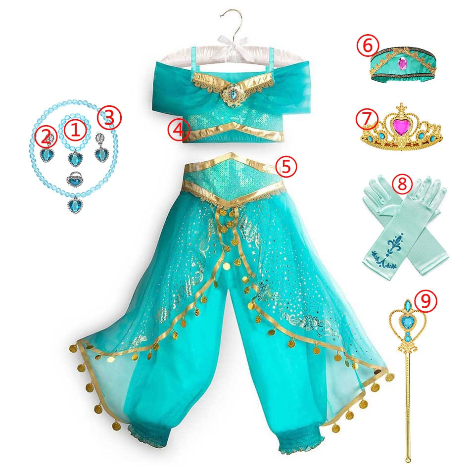 Jasmine Dress Aladdin Princess Magic Lamp Girls Birthday Party Cosplay Costume Top+Pant+Headband Carnival Clothes Vestido
