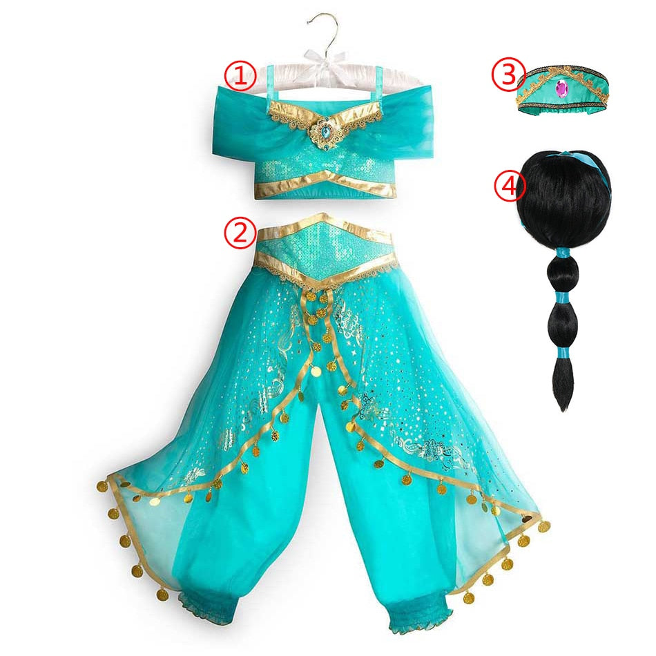 Jasmine Dress Aladdin Princess Magic Lamp Girls Birthday Party Cosplay Costume Top+Pant+Headband Carnival Clothes Vestido
