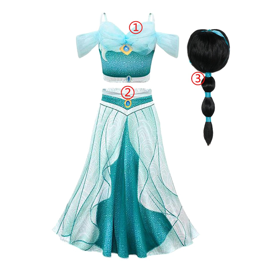 Jasmine Dress Aladdin Princess Magic Lamp Girls Birthday Party Cosplay Costume Top+Pant+Headband Carnival Clothes Vestido