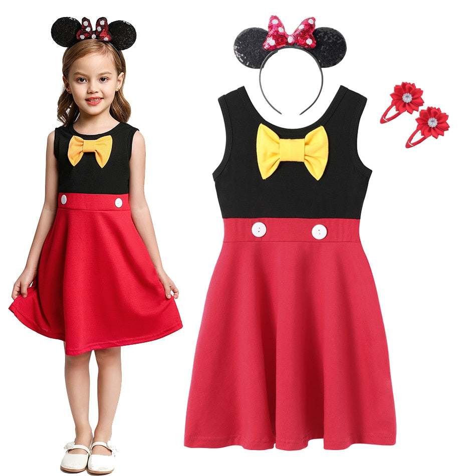 Mickey  Girl Dress Kids Toddler Mickey Minnie Mouse Daisy Cartoon Puff Sleeve Clothes Backless Cute Dresses