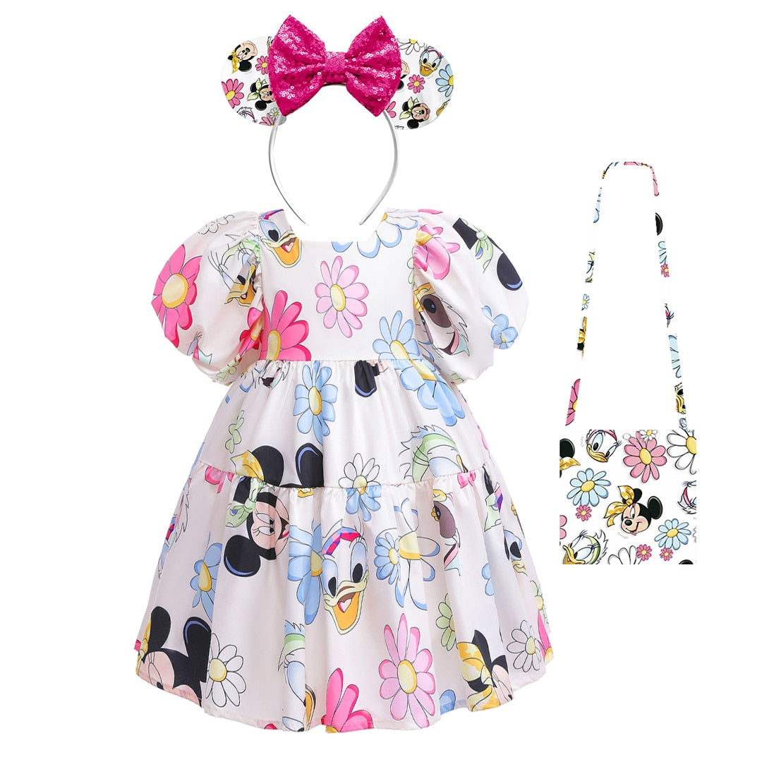 Mickey  Girl Dress Kids Toddler Mickey Minnie Mouse Daisy Cartoon Puff Sleeve Clothes Backless Cute Dresses