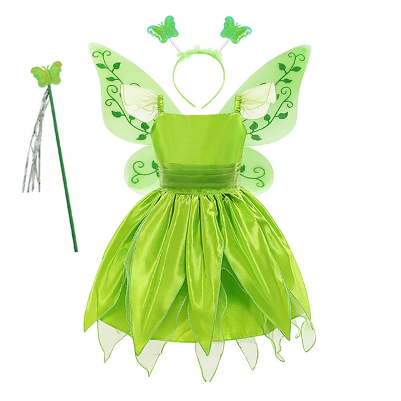 Tinker Bell Princess Halloween Cosplay Girls Party Green Flower Fairy TinkerBell Dress Elf Costume Glitter Butterfly Wing