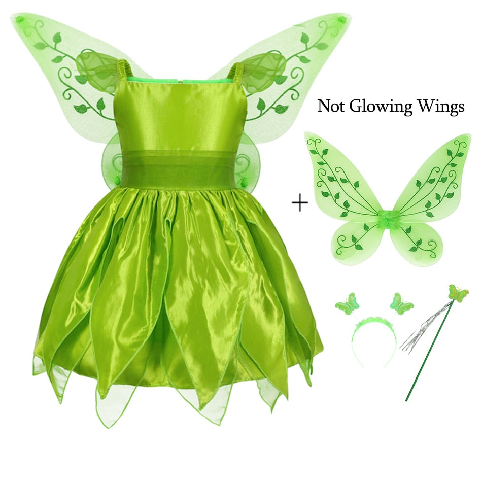 Tinker Bell Princess Halloween Cosplay Girls Party Green Flower Fairy TinkerBell Dress Elf Costume Glitter Butterfly Wing