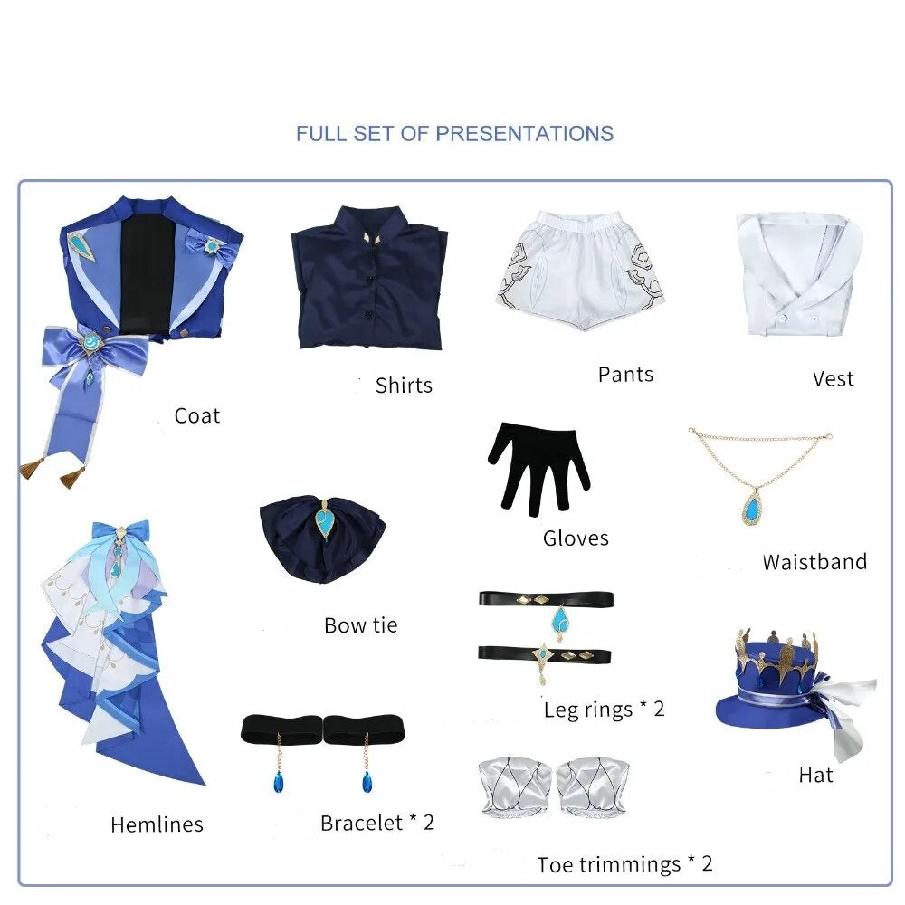 Focalors Cosplay Costume Furina Wig Game Genshin Impact Fontaine God of Justice Blue Uniform Vision Hat Hydro Bracelet Necklace