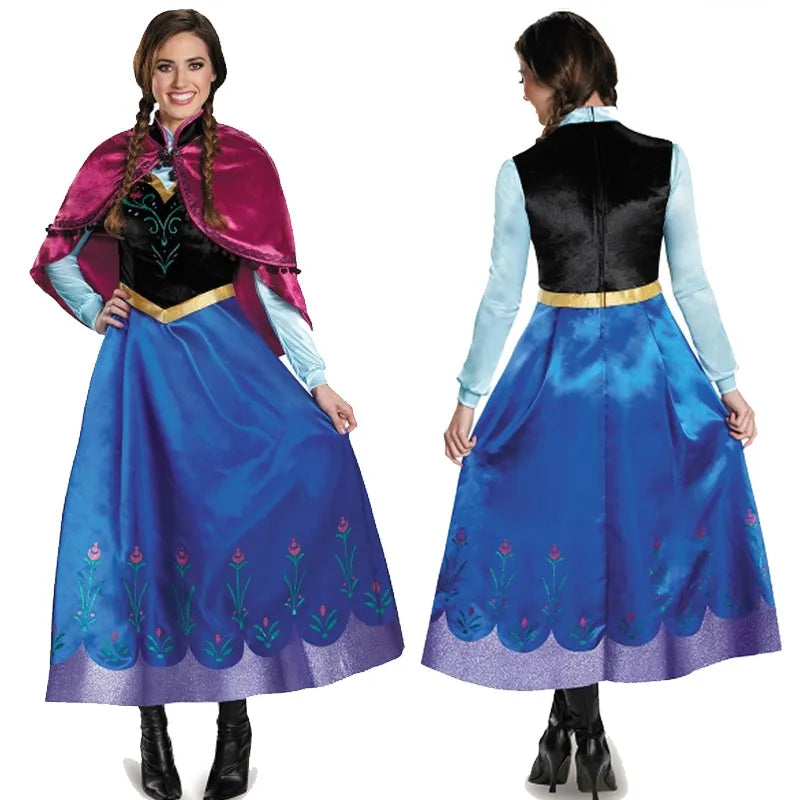 Frozen Anna Princess Long Dress Adults Snow Queen Elsa Cosplay Costume Fairy Tale Party Dresses for Women Halloween Fancy Dress
