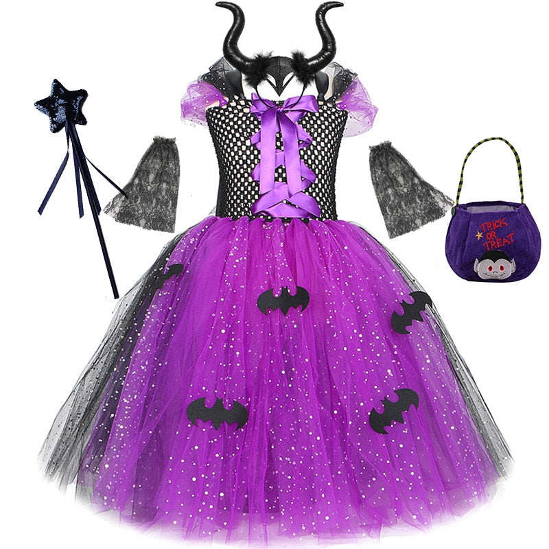 Girls Halloween Cosplay Vampire Costume Children Carnival Vestidos Party Kids Evil Witch Dress Kids Prom Ball Gown
