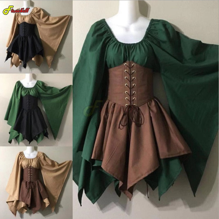 Halloween Cosplay Palace Victoria Medieval Vintage Fairy Elf Costume For Women Princess Bandage Christmas Ptachwork Party Dress