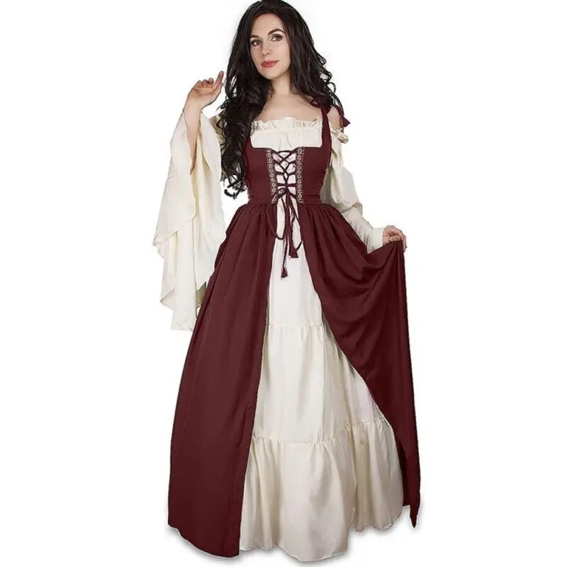 Halloween Costume Square Neck Bundle Waist Medieval Renaissance Retro Dress Cosplay Costumes Women