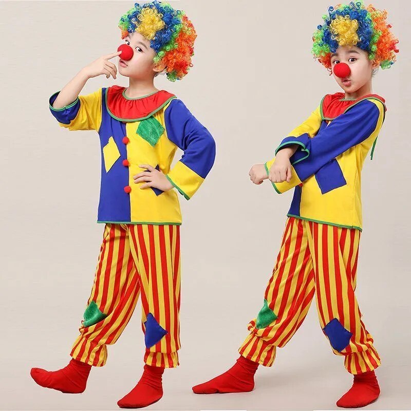Halloween Funny Kids Clown Costume With Wig Nose Girls Boys Costume Games Party Clothes Christmas Party