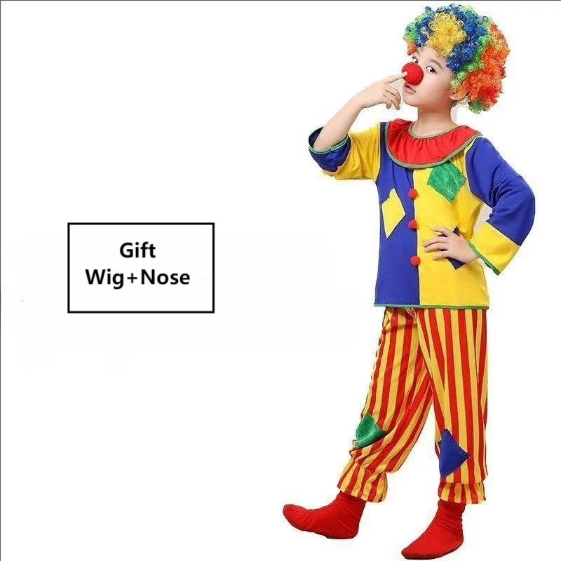 Halloween Funny Kids Clown Costume With Wig Nose Girls Boys Costume Games Party Clothes Christmas Party