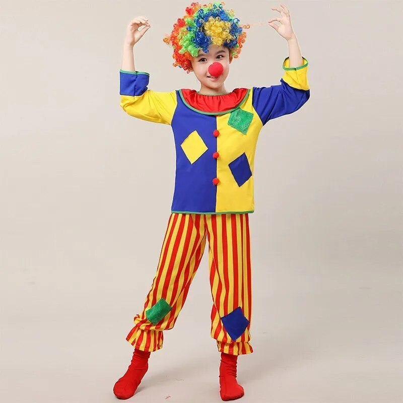 Halloween Funny Kids Clown Costume With Wig Nose Girls Boys Costume Games Party Clothes Christmas Party