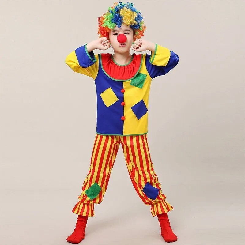 Halloween Funny Kids Clown Costume With Wig Nose Girls Boys Costume Games Party Clothes Christmas Party