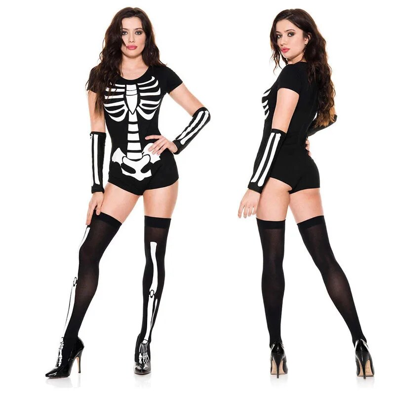 Halloween Horror Skeleton Clothes Suits Game Uniform Women Bones Skull Costume for Carnival Christmas Festival Party 3 Pieces