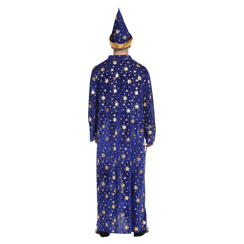 Halloween Men Blue Robe And Hat Star Moon Magic Magician Wizard Costume Cosplay Adult Role Playing Decoration Clothing