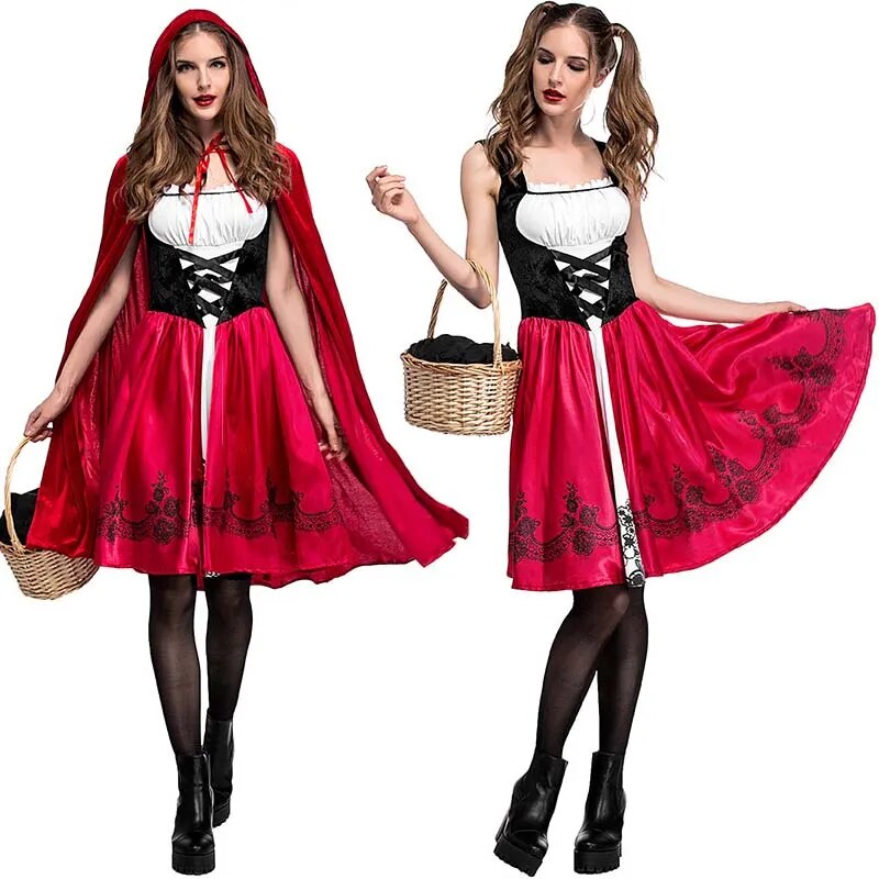 Halloween Party Little Red Riding Hood Costume Adult Women Cosplay Costume Dress + Cloak Stage Gothic Sexy Club Performance Suit