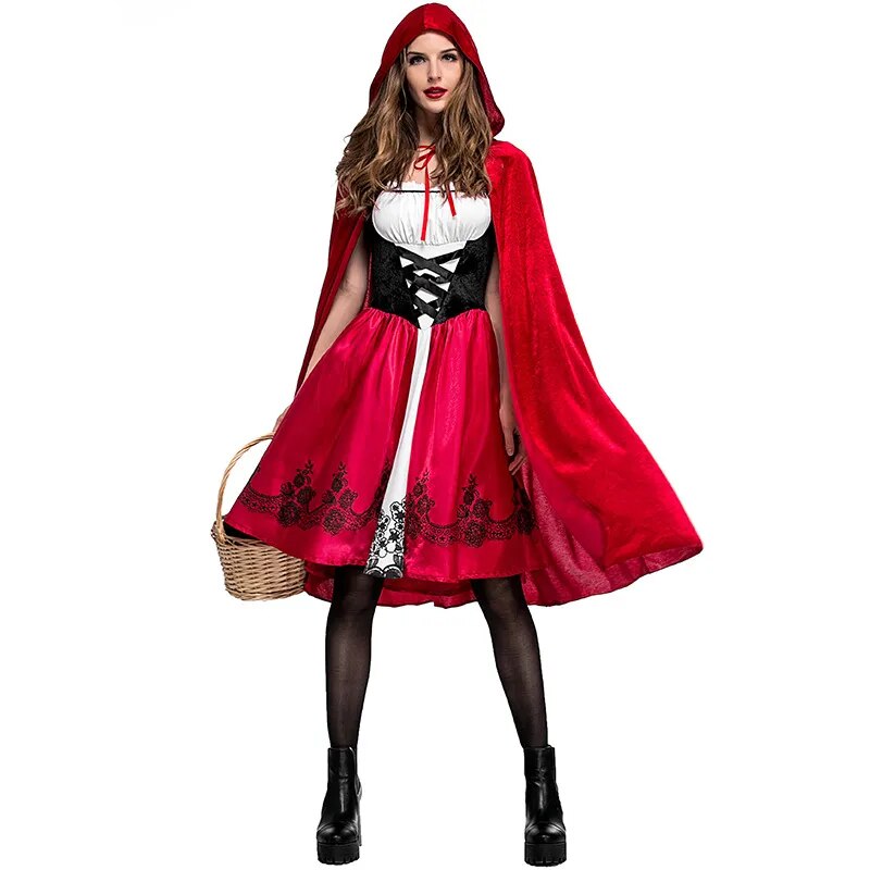 Halloween Party Little Red Riding Hood Costume Adult Women Cosplay Costume Dress + Cloak Stage Gothic Sexy Club Performance Suit