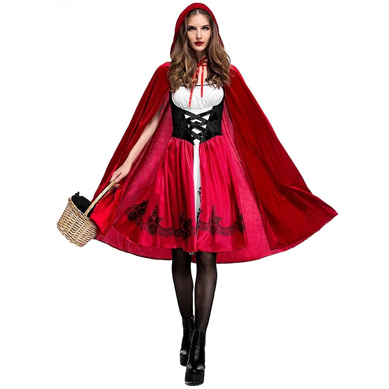 Halloween Party Little Red Riding Hood Costume Adult Women Cosplay Costume Dress + Cloak Stage Gothic Sexy Club Performance Suit
