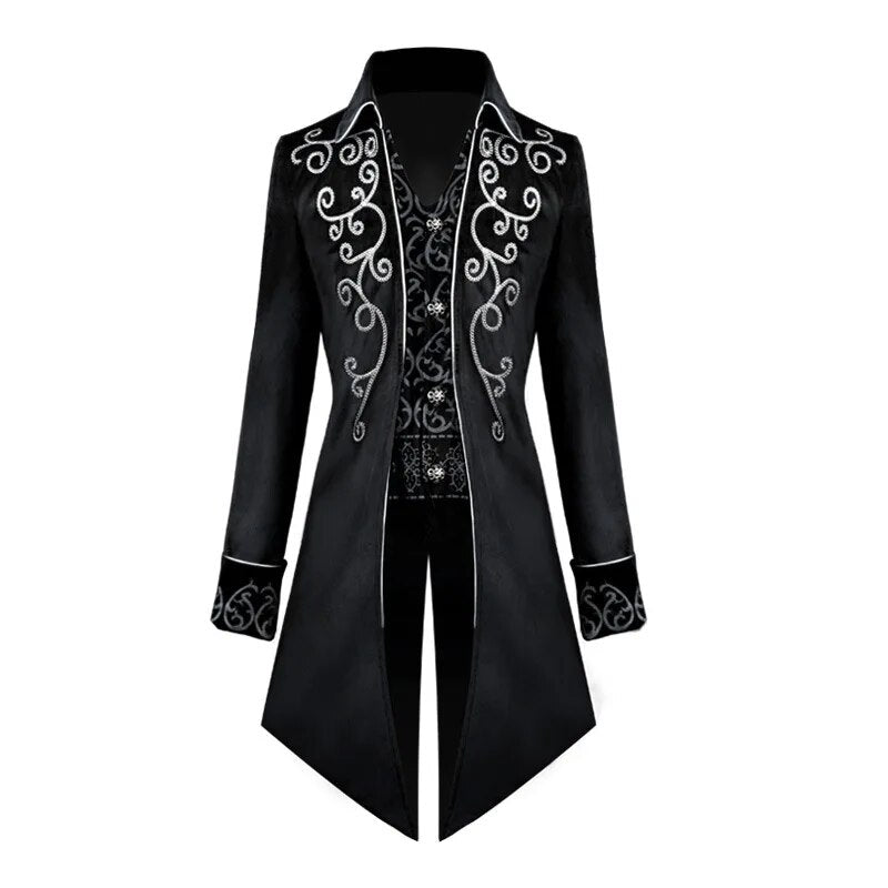 Halloween Silver Trim Tuxedo Medieval Retro Cosplay Costume Mid-Length Punk Men&#39;s Coat Jackets