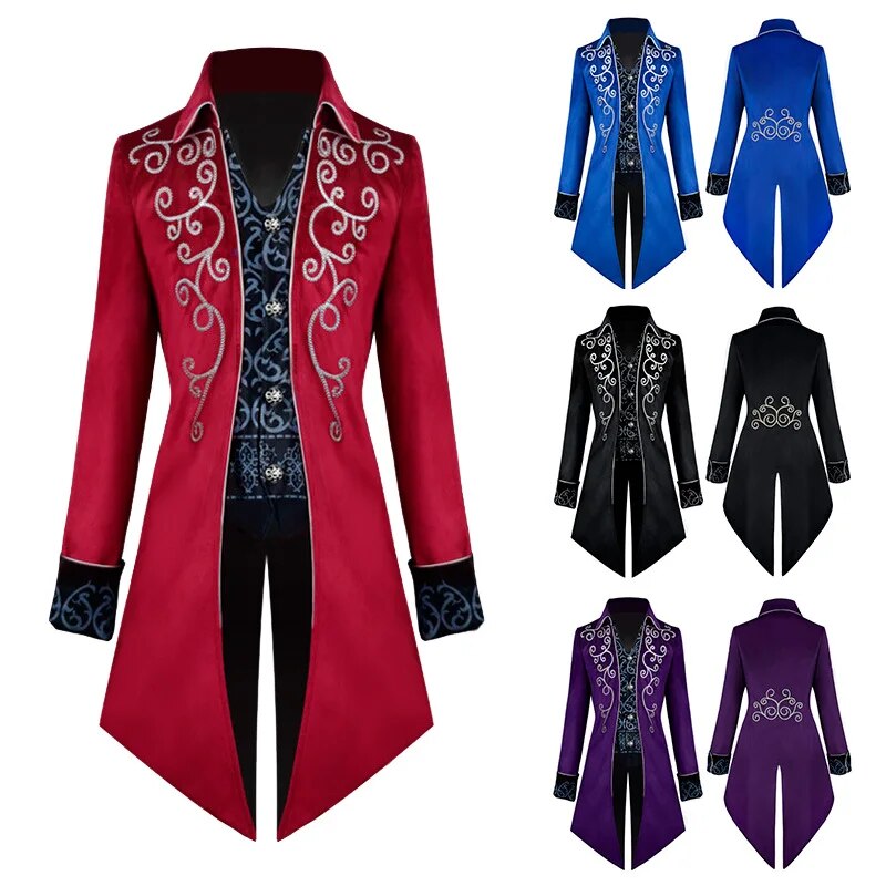 Halloween Silver Trim Tuxedo Medieval Retro Cosplay Costume Mid-Length Punk Men&#39;s Coat Jackets