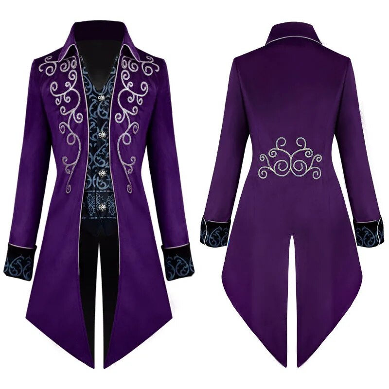 Halloween Silver Trim Tuxedo Medieval Retro Cosplay Costume Mid-Length Punk Men&#39;s Coat Jackets