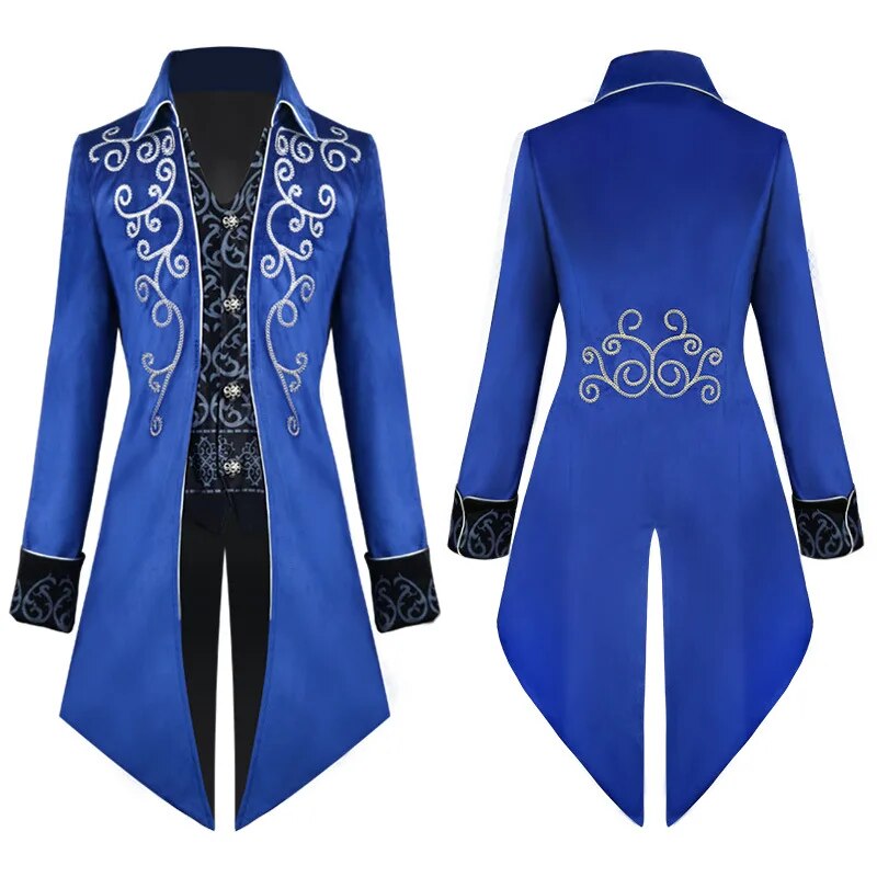 Halloween Silver Trim Tuxedo Medieval Retro Cosplay Costume Mid-Length Punk Men&#39;s Coat Jackets