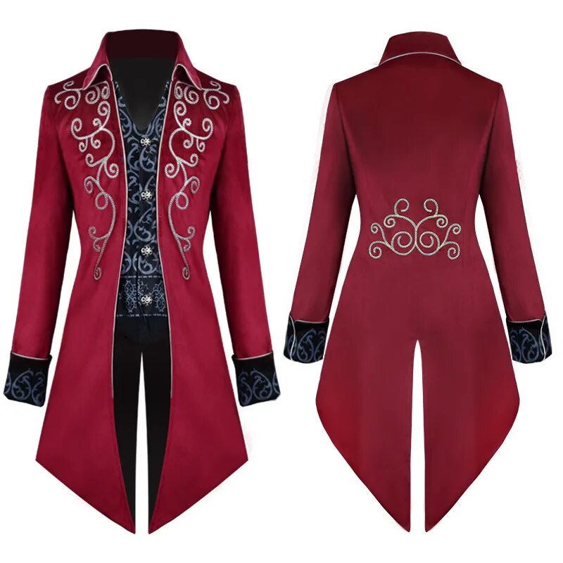 Halloween Silver Trim Tuxedo Medieval Retro Cosplay Costume Mid-Length Punk Men&#39;s Coat Jackets