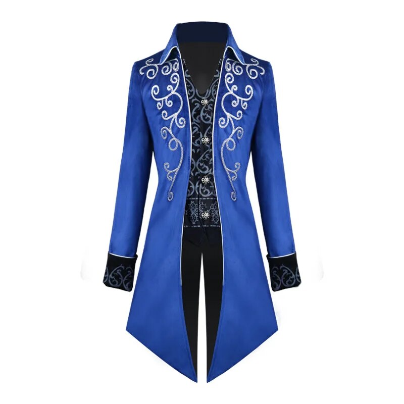Halloween Silver Trim Tuxedo Medieval Retro Cosplay Costume Mid-Length Punk Men&#39;s Coat Jackets