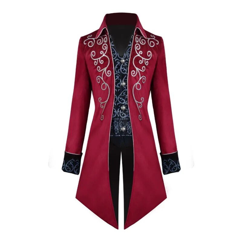 Halloween Silver Trim Tuxedo Medieval Retro Cosplay Costume Mid-Length Punk Men&#39;s Coat Jackets